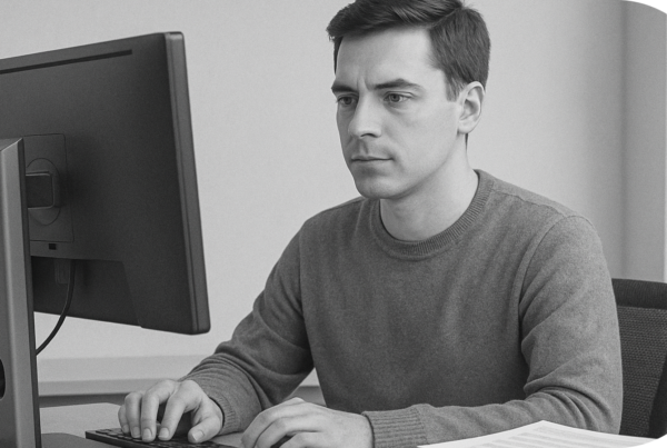 Ein Foto eines Menschen der auf einen Monitor schaut